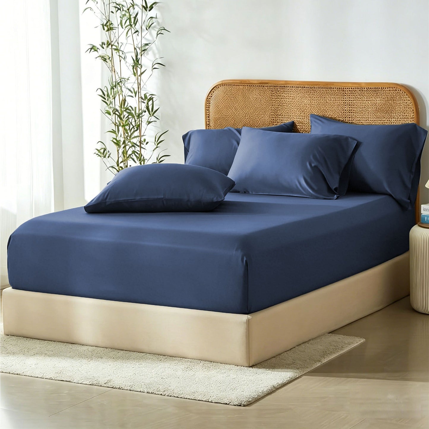 2 Piece Hotel Bamboo Cooling Fitted Sheet Set & Pillowcase -Ultra Soft 2000TC Breathable Fitted Bed Sheets Set with 37 Centimetre Deep Pocket-Cooling Sheets for Hot Sleepers(Navy,King Single)