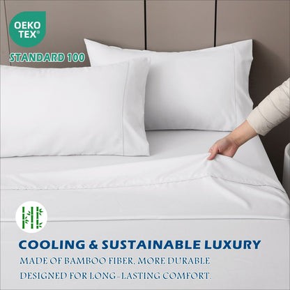 3 Piece Hotel Bamboo Cooling Sheet Set -Ultra Soft 2000TC Breathable Bed Sheets Set with 37 Centimetre Deep Pocket-Cooling Sheets for Hot Sleepers(White,Single)