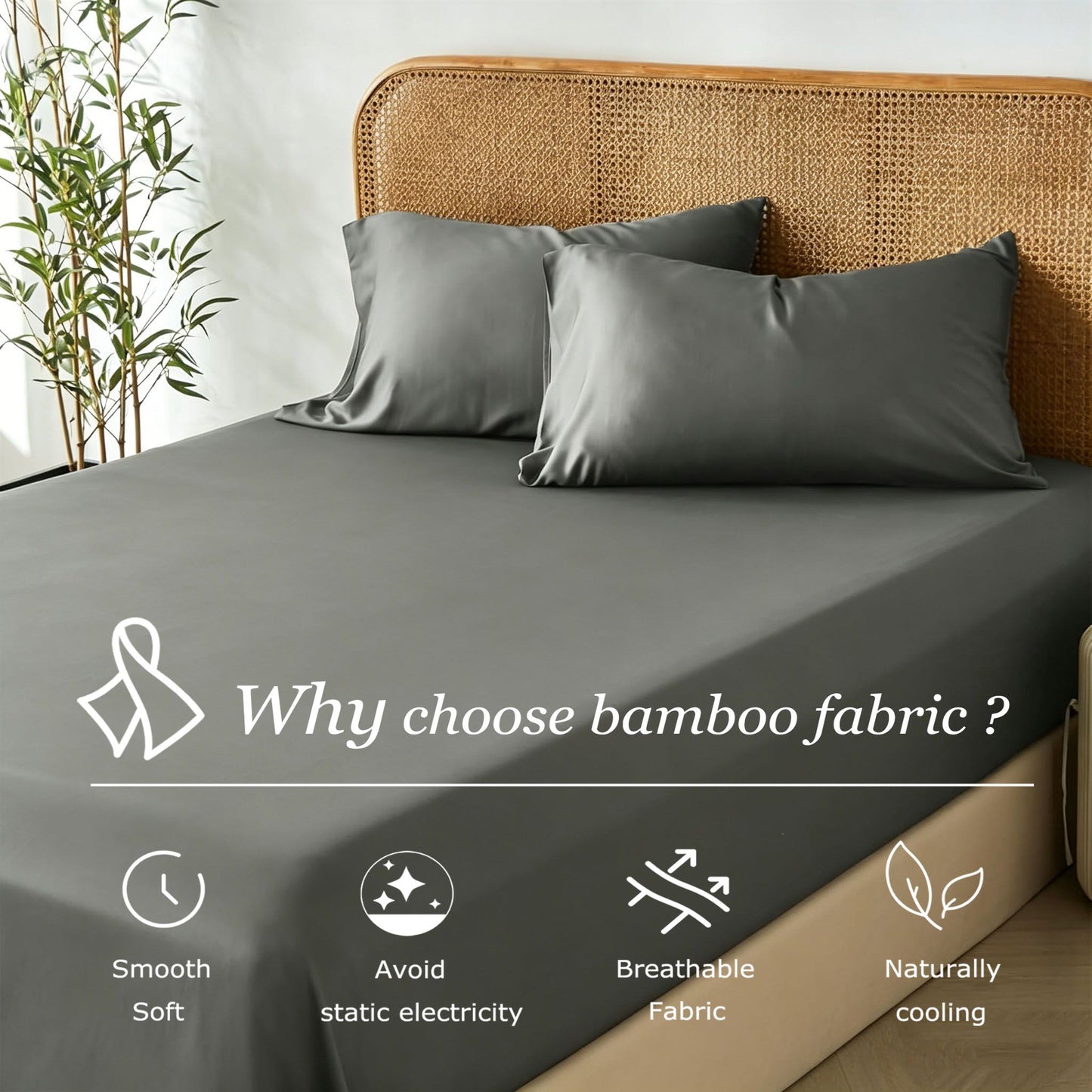 3 Piece Hotel Bamboo Cooling Fitted Sheet Set & Pillowcase -Ultra Soft 2000TC Breathable Fitted Bed Sheets Set with 37 Centimetre Deep Pocket-Cooling Sheets for Hot Sleepers(Grey,Super King)
