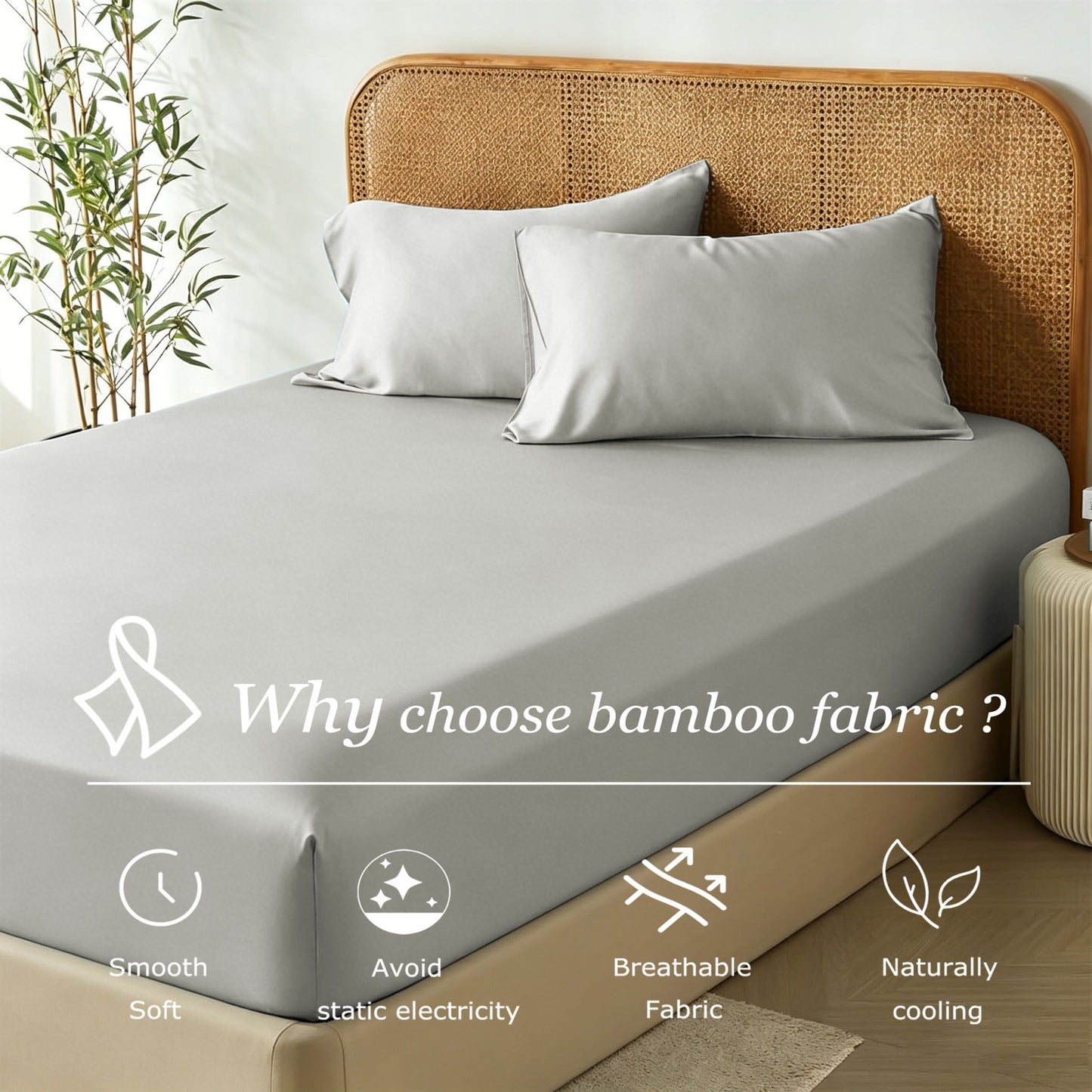 3 Piece Hotel Bamboo Cooling Fitted Sheet Set & Pillowcase -Ultra Soft 2000TC Breathable Fitted Bed Sheets Set with 37 Centimetre Deep Pocket-Cooling Sheets for Hot Sleepers(Silver-gray,Super King)