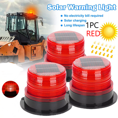 Solar Powered LED Flashing Beacon Light, 12-24V Amber Emergency Magnetic Warning Red