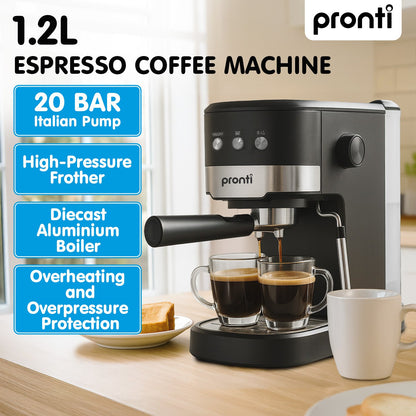 Pronti KCM-850D Coffee Machine 20 Bar Espresso Maker with Milk Frother and 1.25L Tank