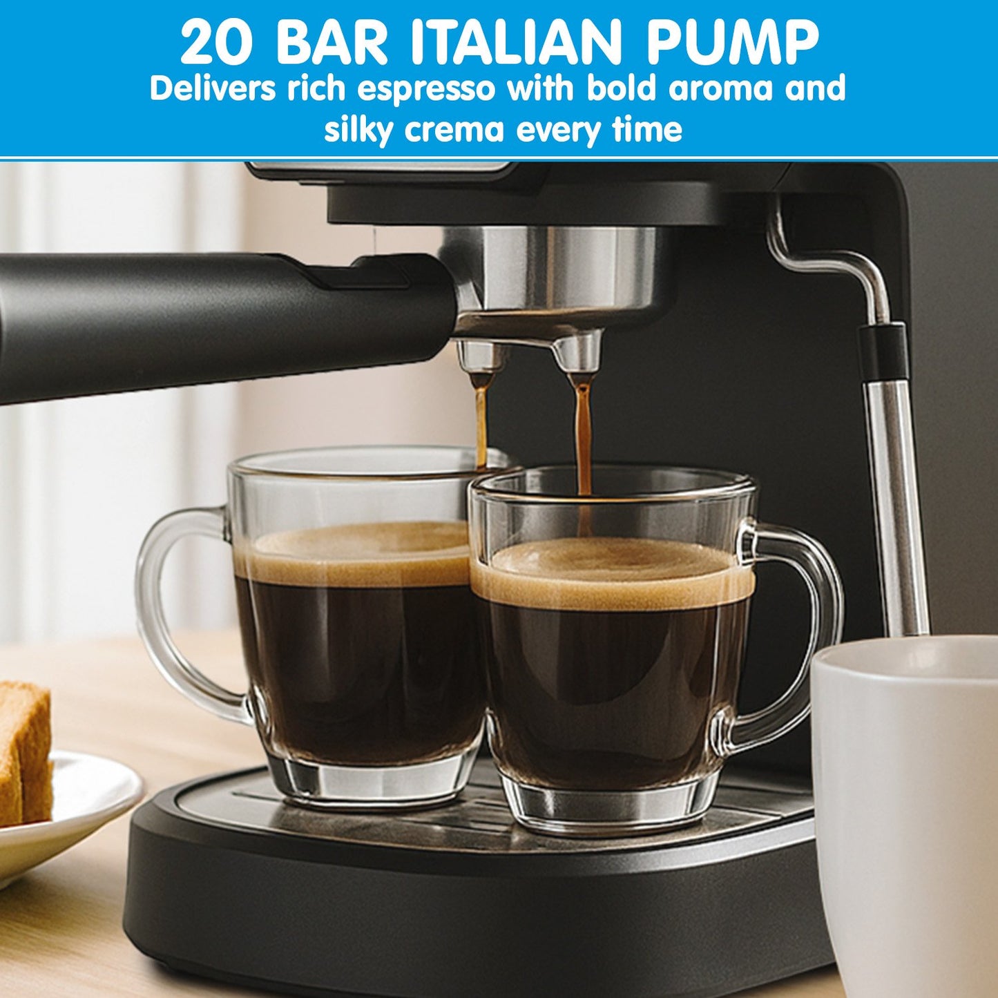 Pronti KCM-850D Coffee Machine 20 Bar Espresso Maker with Milk Frother and 1.25L Tank