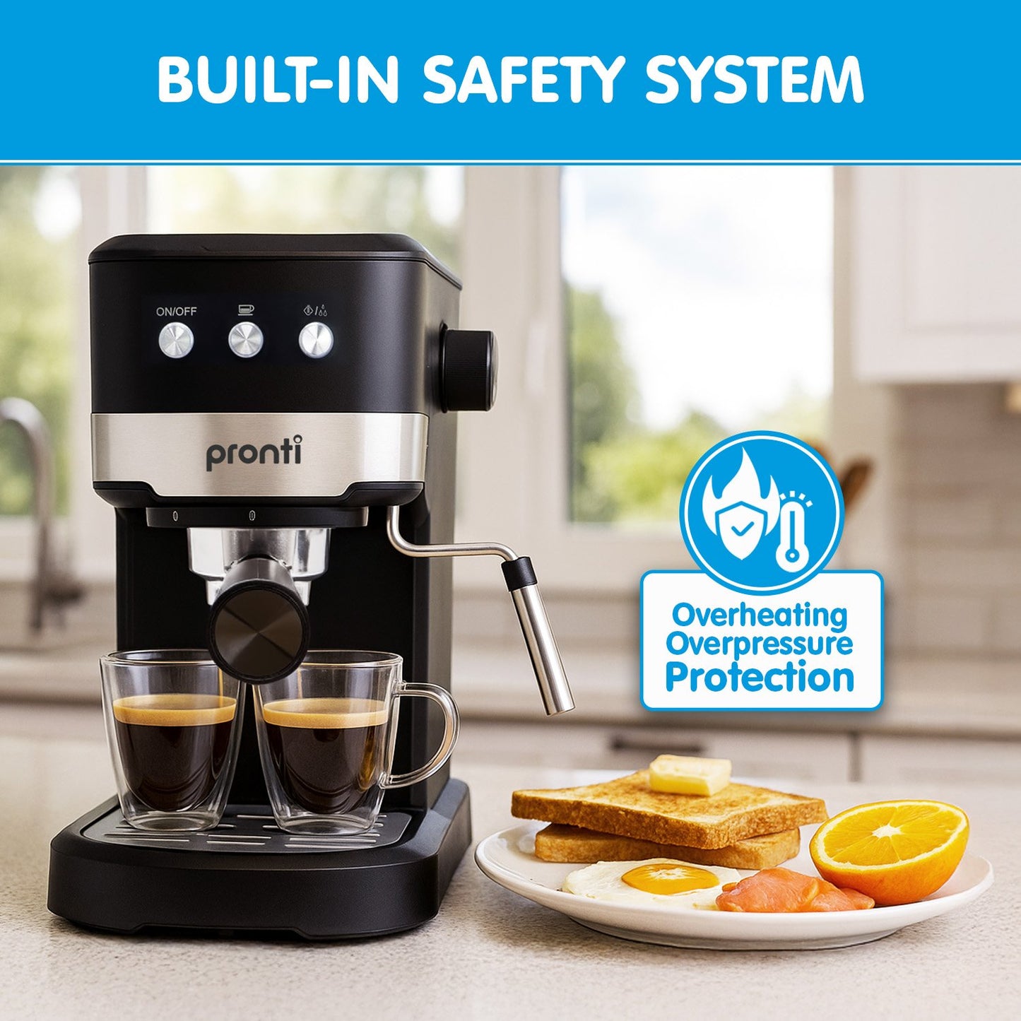 Pronti KCM-850D Coffee Machine 20 Bar Espresso Maker with Milk Frother and 1.25L Tank