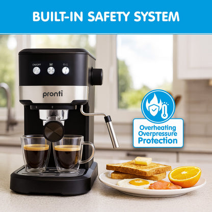 Pronti KCM-850D Coffee Machine 20 Bar Espresso Maker with Milk Frother and 1.25L Tank