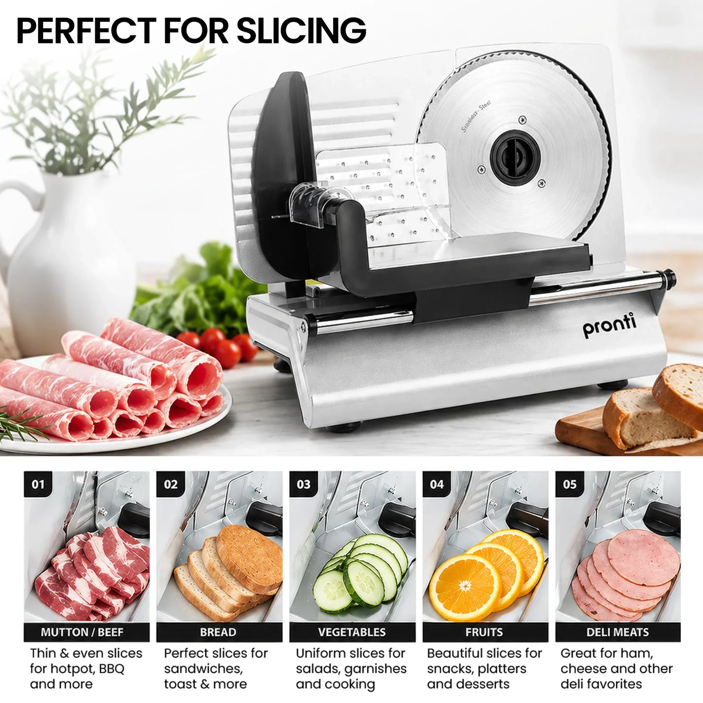 Pronti Electric Deli and Food Slicer with Adjustable Thickness - White