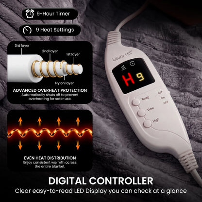 Laura Hill Electric Heated Blanket Throw Soft Coral Fleece w/ 9 Heat Settings - Grey