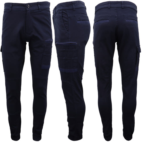Men's Cargo Cotton Drill Work Pants UPF 50+ 13 Pockets Tradies Workwear Trousers, Navy, 36