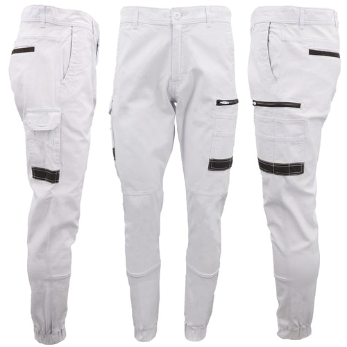 Men's Cargo Cotton Drill Work Pants UPF 50+ 13 Pockets Tradies Workwear Trousers, White, 28