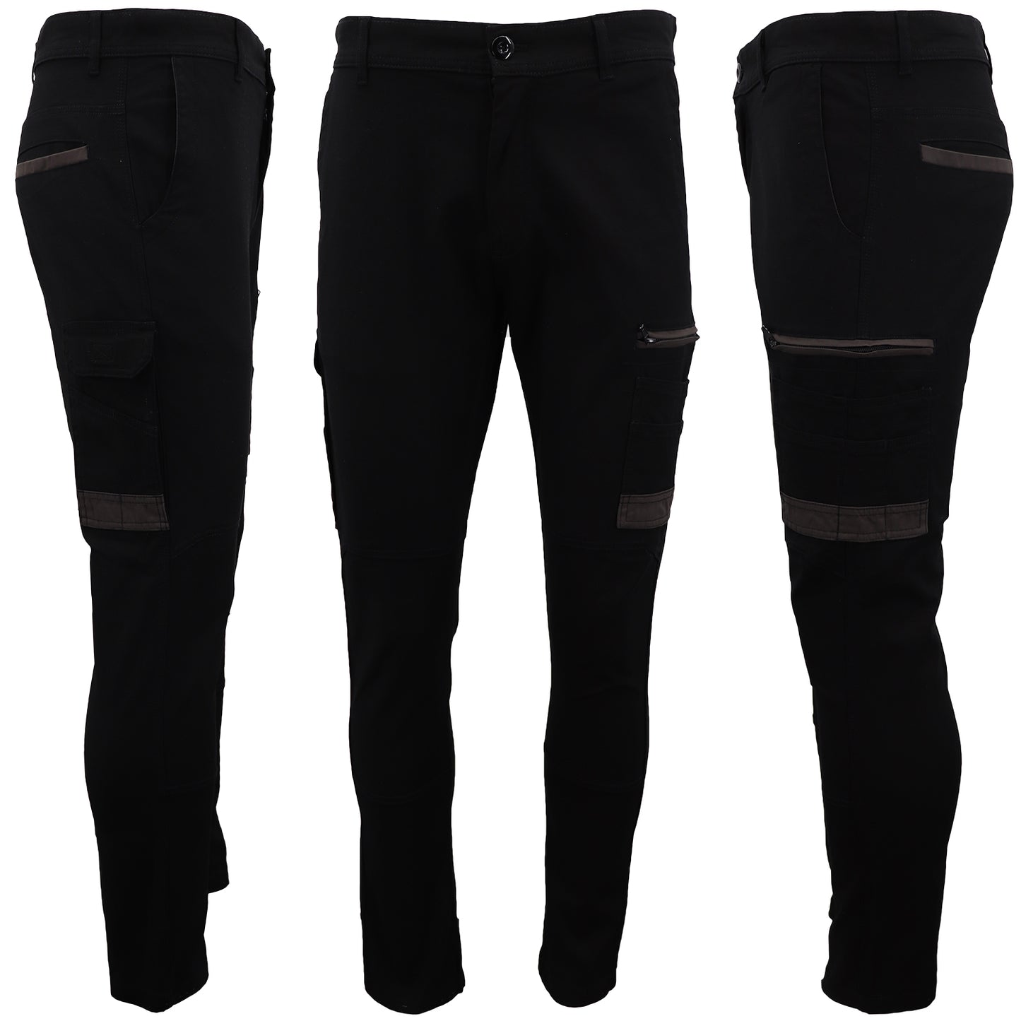 Men's Cotton Drill Cargo Work Pants UPF 50+ 13 Pockets Tradies Workwear Trousers, Black, 34
