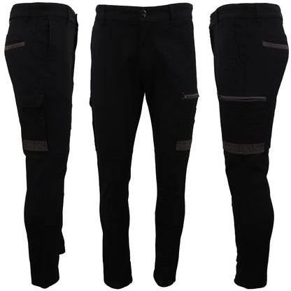 Men's Cotton Drill Cargo Work Pants UPF 50+ 13 Pockets Tradies Workwear Trousers, Black, 34