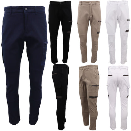 Men's Cotton Drill Cargo Work Pants UPF 50+ 13 Pockets Tradies Workwear Trousers, White, 28