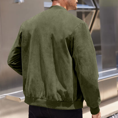 Men's Varsity Bomber Flight Jacket Breathable Windbreaker Zip Coat Faux Leather, Green, L