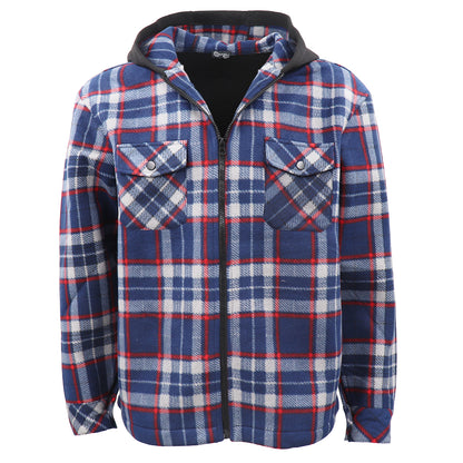 Men's Hooded Flannel Jacket Flannelette Plaid Fleece Shirt Zip Up Winter Coat, Blue, S