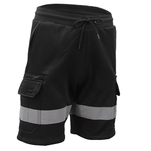 Hi Vis Fleece Work Cargo Shorts w Reflective Tape Workwear Tradie Utility Pants, Black, 3XL