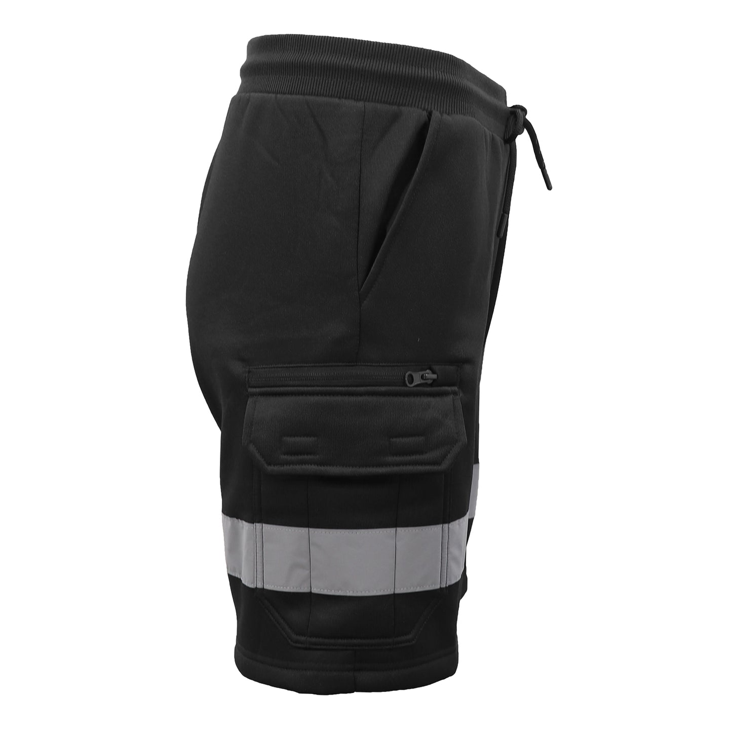 Hi Vis Fleece Work Cargo Shorts w Reflective Tape Workwear Tradie Utility Pants, Black, 3XL