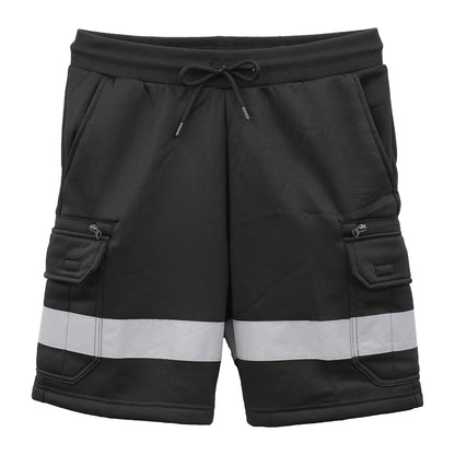 Hi Vis Fleece Work Cargo Shorts w Reflective Tape Workwear Tradie Utility Pants, Black, 3XL