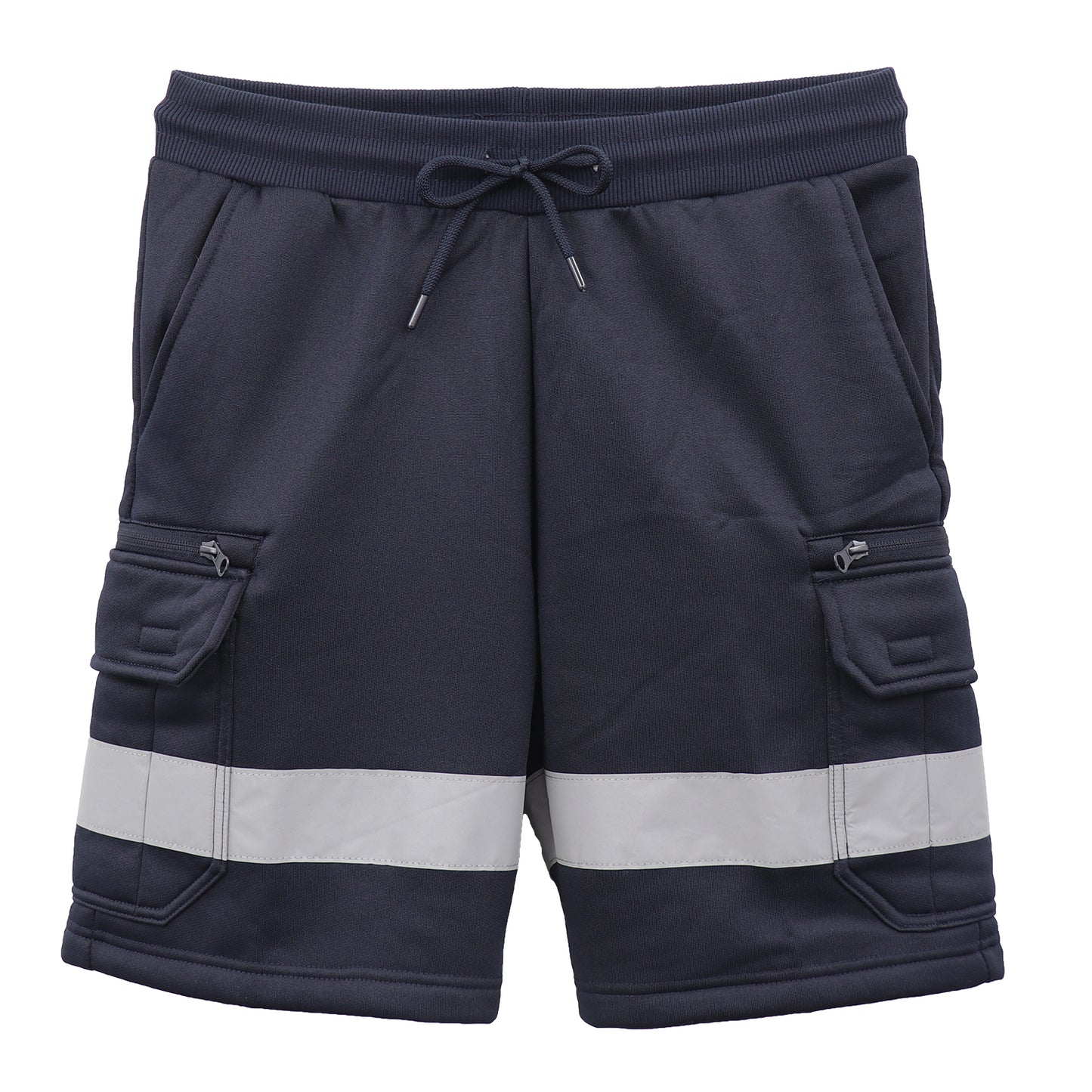 Hi Vis Fleece Work Cargo Shorts w Reflective Tape Workwear Tradie Utility Pants, Navy, S