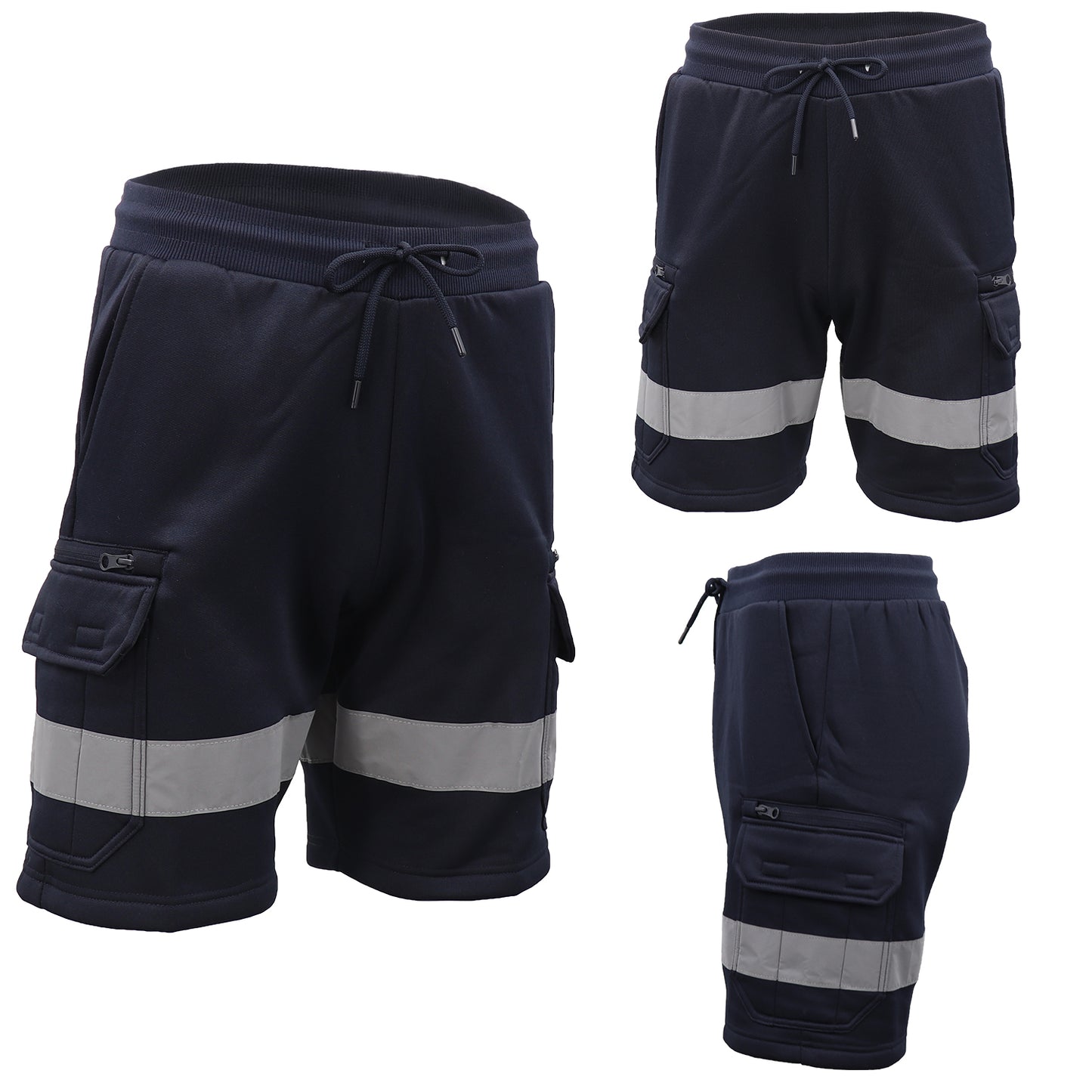 Hi Vis Fleece Work Cargo Shorts w Reflective Tape Workwear Tradie Utility Pants, Navy, M