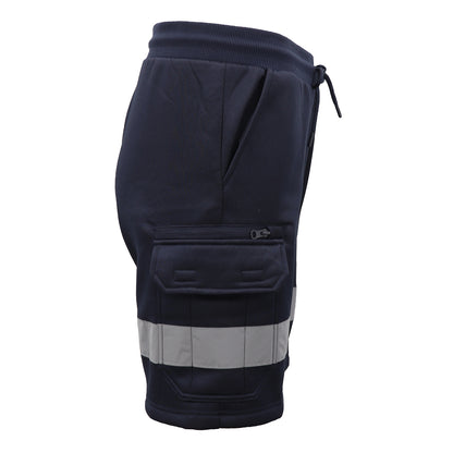 Hi Vis Fleece Work Cargo Shorts w Reflective Tape Workwear Tradie Utility Pants, Navy, M