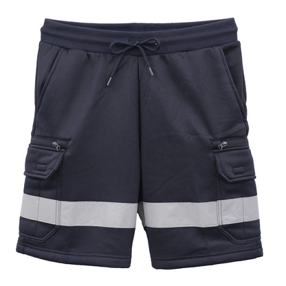 Hi Vis Fleece Work Cargo Shorts w Reflective Tape Workwear Tradie Utility Pants, Navy, M