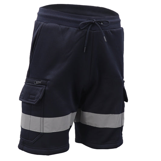 Hi Vis Fleece Work Cargo Shorts w Reflective Tape Workwear Tradie Utility Pants, Navy, L