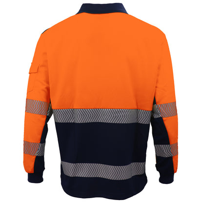 HI VIS Long Sleeve Polo Shirt Reflective Tape Safety Tradie Work Wear Tops Tee, Fluro Orange / Navy, 2XL
