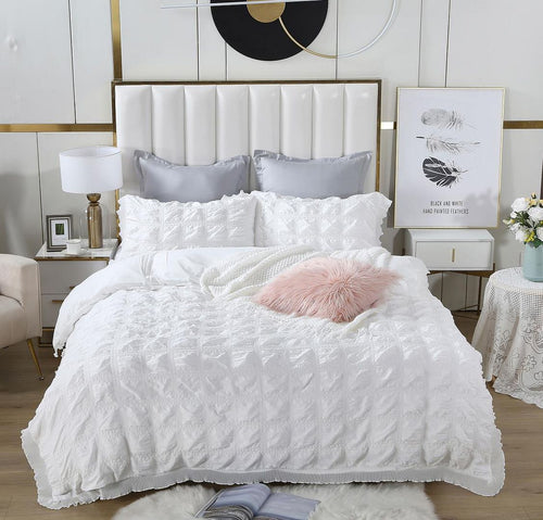 Ruffles Textured Jacquard King Size white Duvet Quilt Cover Set