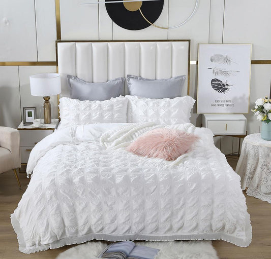Ruffles Textured Jacquard King Size white Duvet Quilt Cover Set