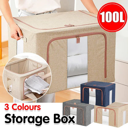 100L Foldable Storage Box Crushed Steel Frame Clothes Quilt Toys Organizer - 100L-Grey
