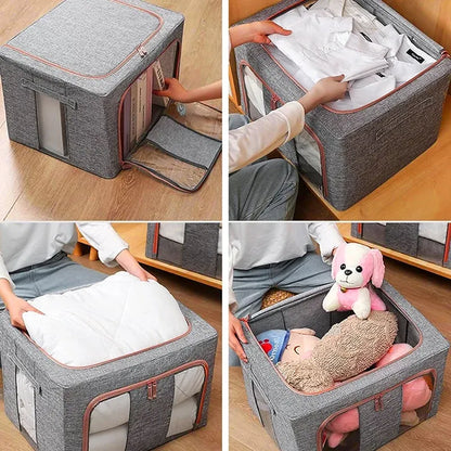 100L Foldable Storage Box Crushed Steel Frame Clothes Quilt Toys Organizer - 100L-Grey
