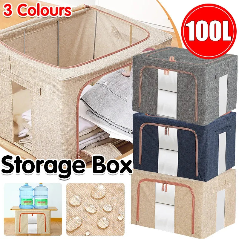 100L Foldable Storage Box Crushed Steel Frame Clothes Quilt Toys Organizer - 100L-Grey