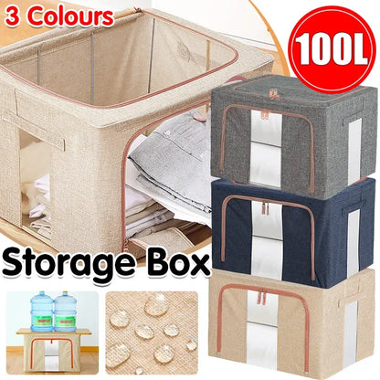 100L Foldable Storage Box Crushed Steel Frame Clothes Quilt Toys Organizer - 100L-Grey