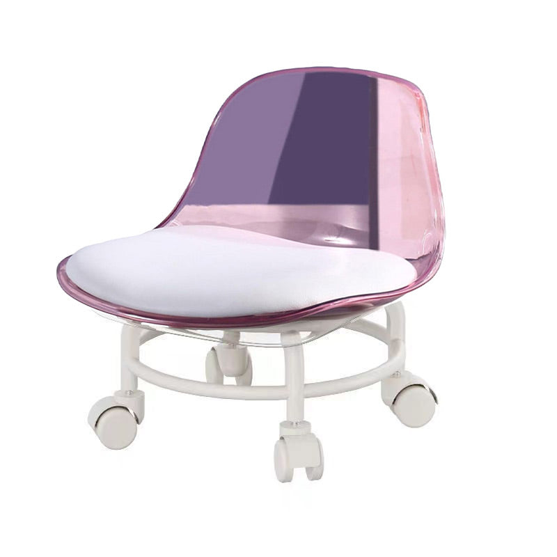 Stool with Universal Wheels Pulley Short Stool with Backrest Comfortable Seat - Pink