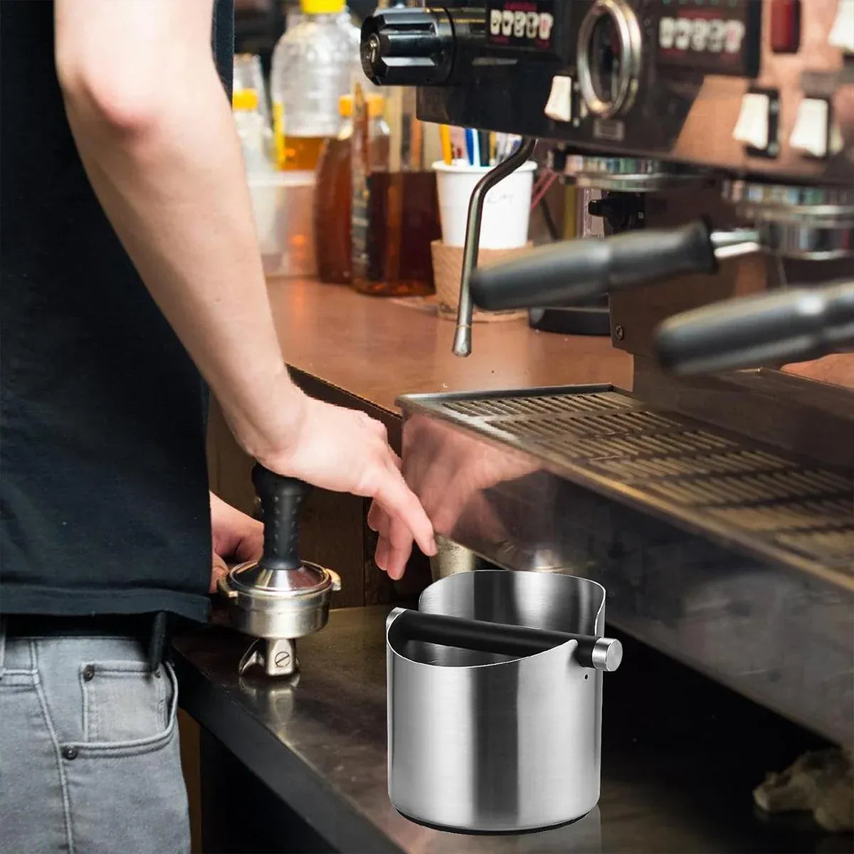 Stainless Steel Coffee Grounds Knock Box Round Tap Bucket for Household Espresso - Black