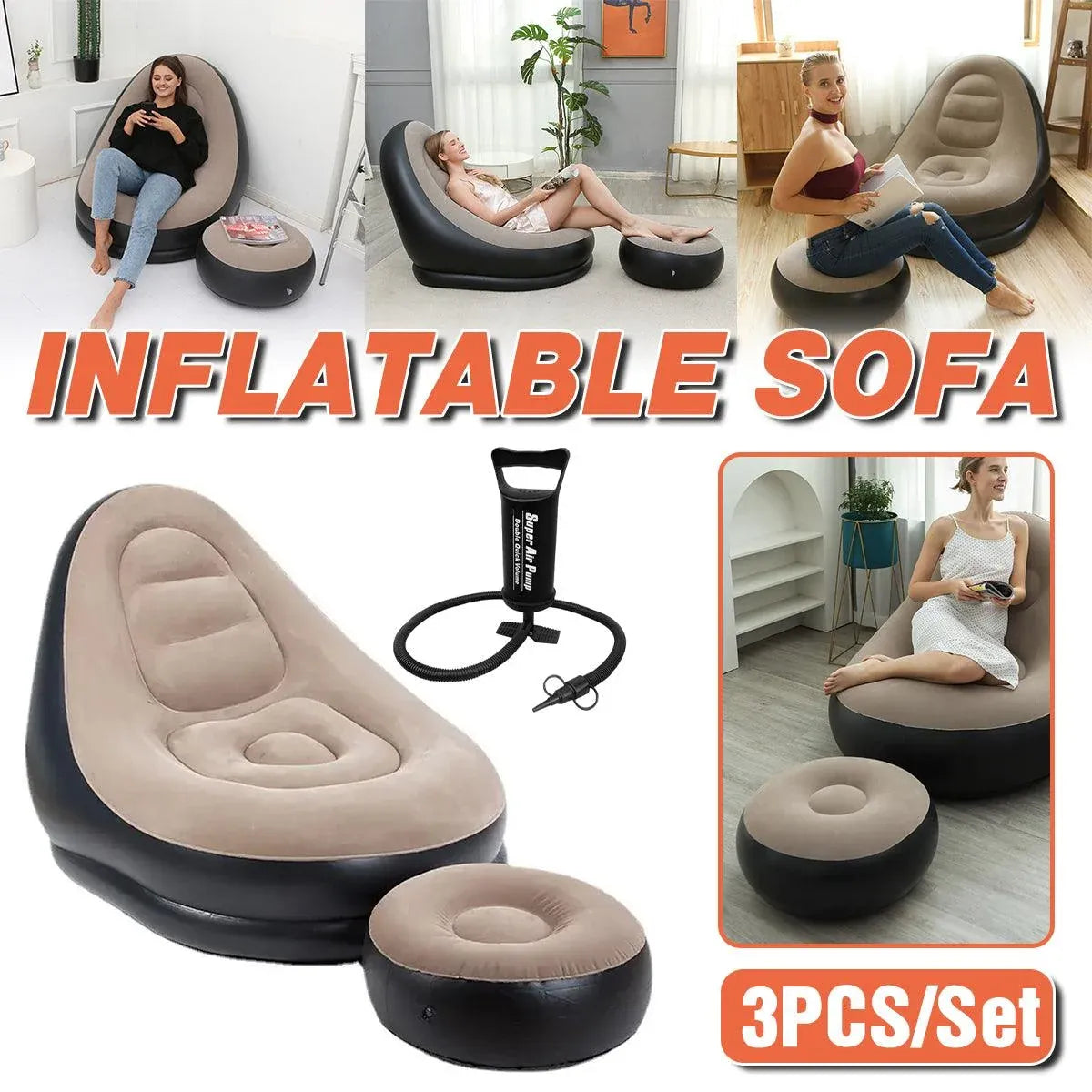 3pcs Inflatable Air Chair Seat Lazy Sofa Lounge Blow Up Ottoman Outdoor Couch