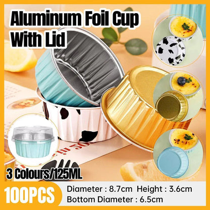 100Pcs Cake Tools Pudding Cake Aluminum Foil Baking Cups Cupcake Cup with Lids - 100pcs-Cow
