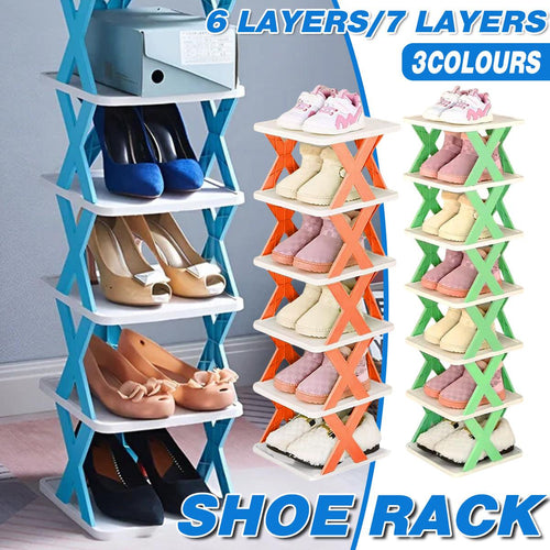 6/7 Tier Shoe Rack Space Saving Small Shoe Cabinet Storage Shelf Organizer - Orange-7 Layer