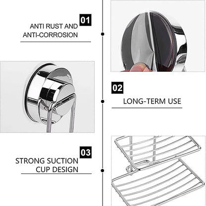 Shower Bar Holder Suction Basket Wall Mounted Stainless Steel Bathroom Soap Dish - Double Layer