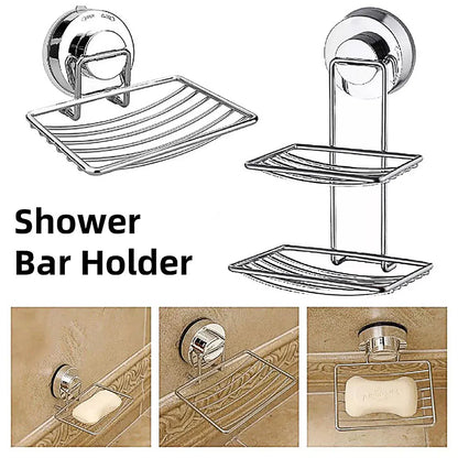 Shower Bar Holder Suction Basket Wall Mounted Stainless Steel Bathroom Soap Dish - Double Layer