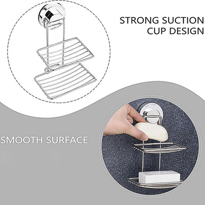 Shower Bar Holder Suction Basket Wall Mounted Stainless Steel Bathroom Soap Dish - Double Layer