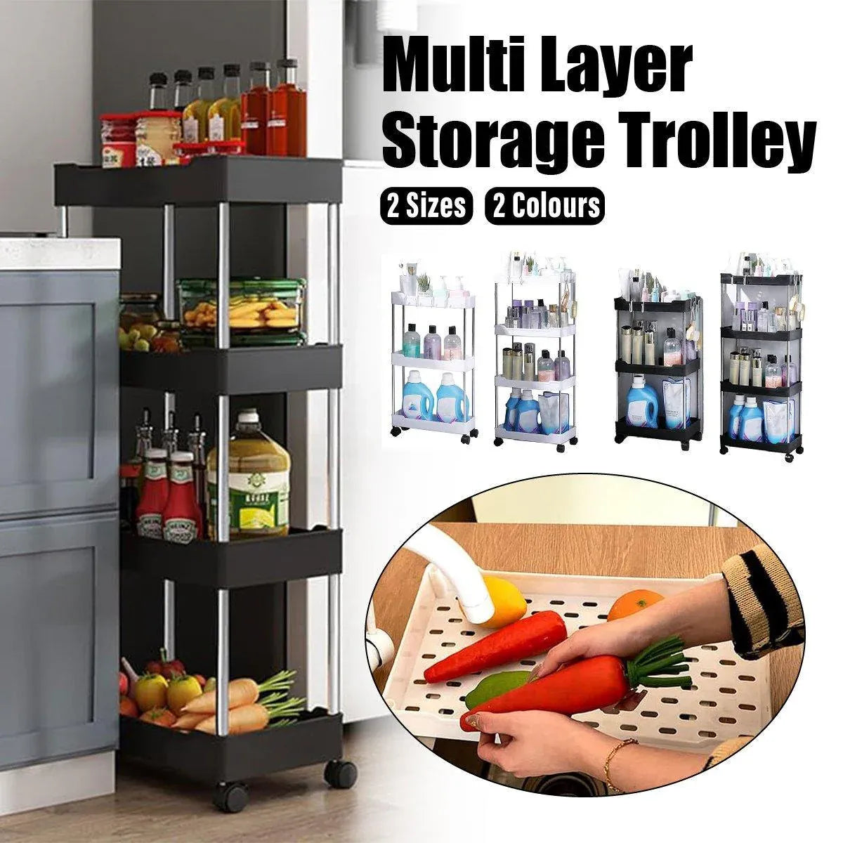 Multi Layer Rolling Storage Cart Kitchen Bathroom Organizer Shelf with Wheels - 3-Black