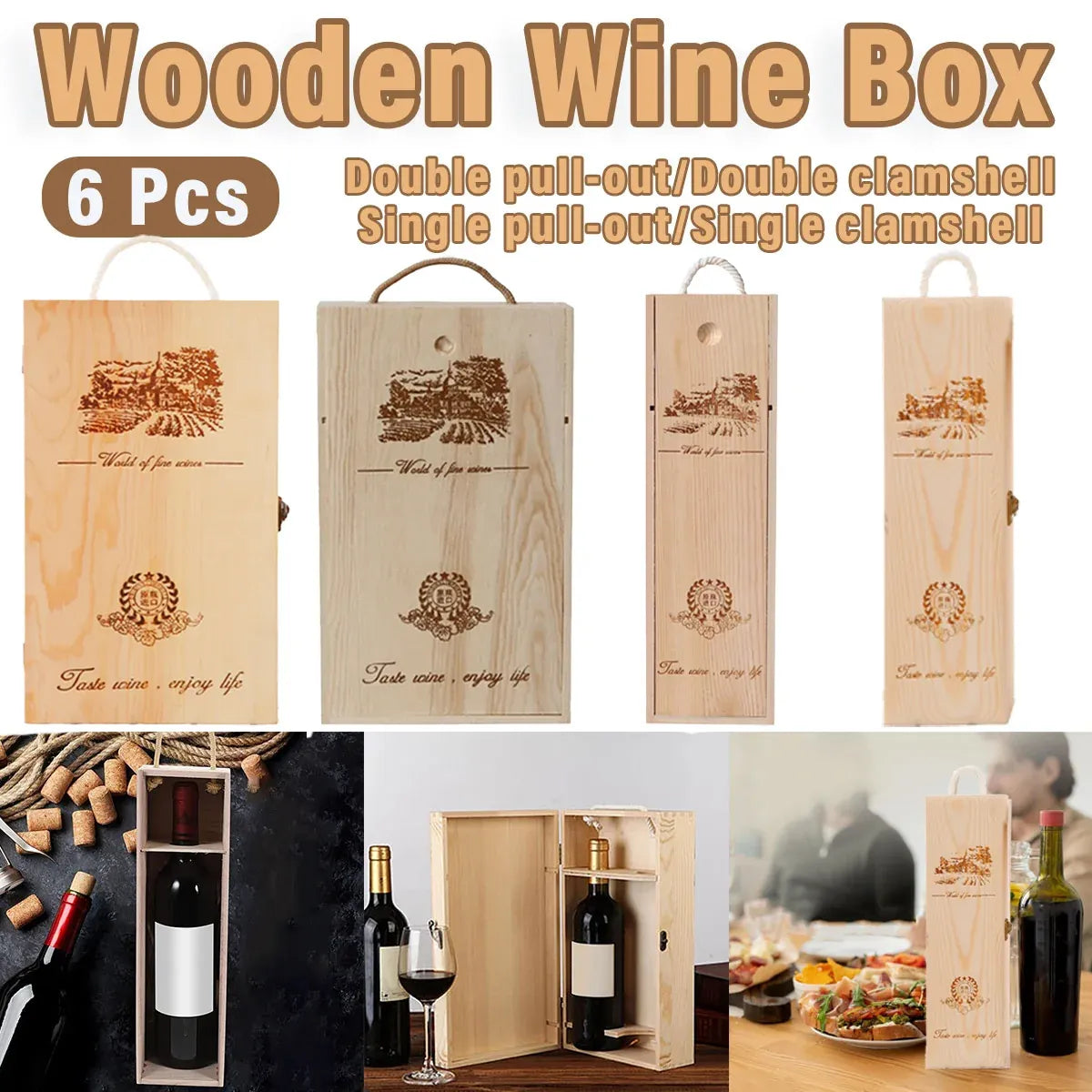 6pcs Red Wine Wooden Gift Box Packaging Storage Box for Wine Bottle Gifts - Single clamshell