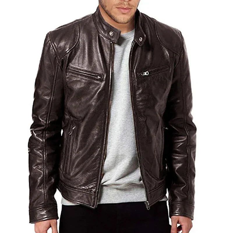 Men's PU Motorcycle Leather Jacket Slim Fit Zipper