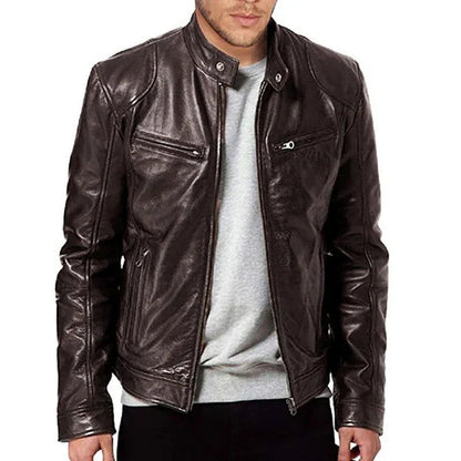 Men's PU Motorcycle Leather Jacket Slim Fit Zipper