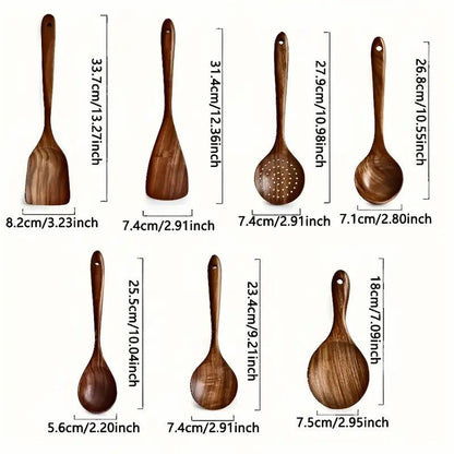 7-Piece Natural Teak Wooden Spoons for Cooking Set