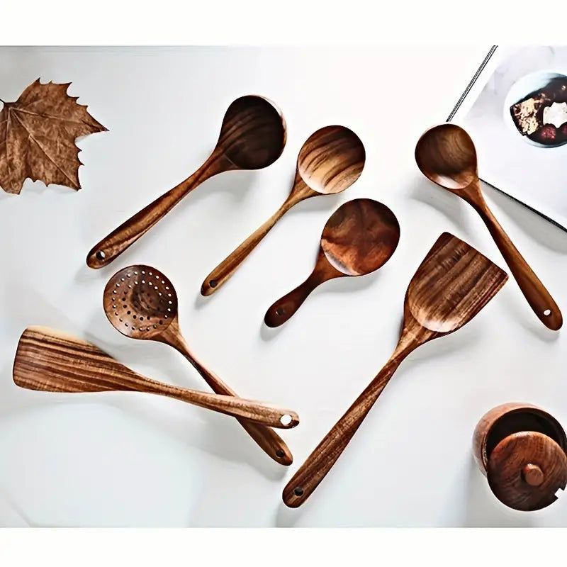 7-Piece Natural Teak Wooden Spoons for Cooking Set