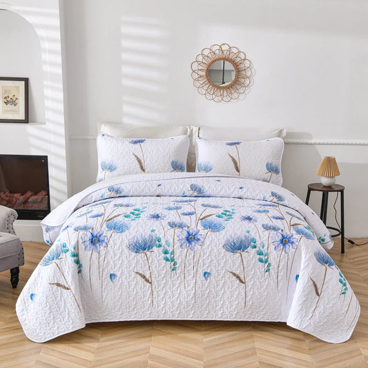 White Blue Wildflower Bedspread Coverlet 3 Piece Set
