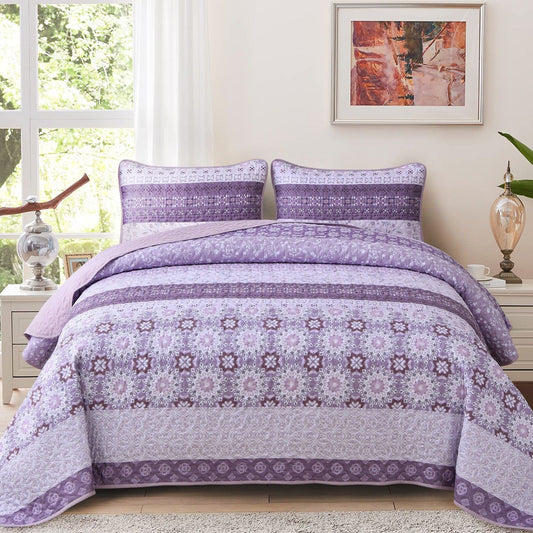 Lavender Boho Royal Stripe Bedspread Coverlet 3 Piece Set