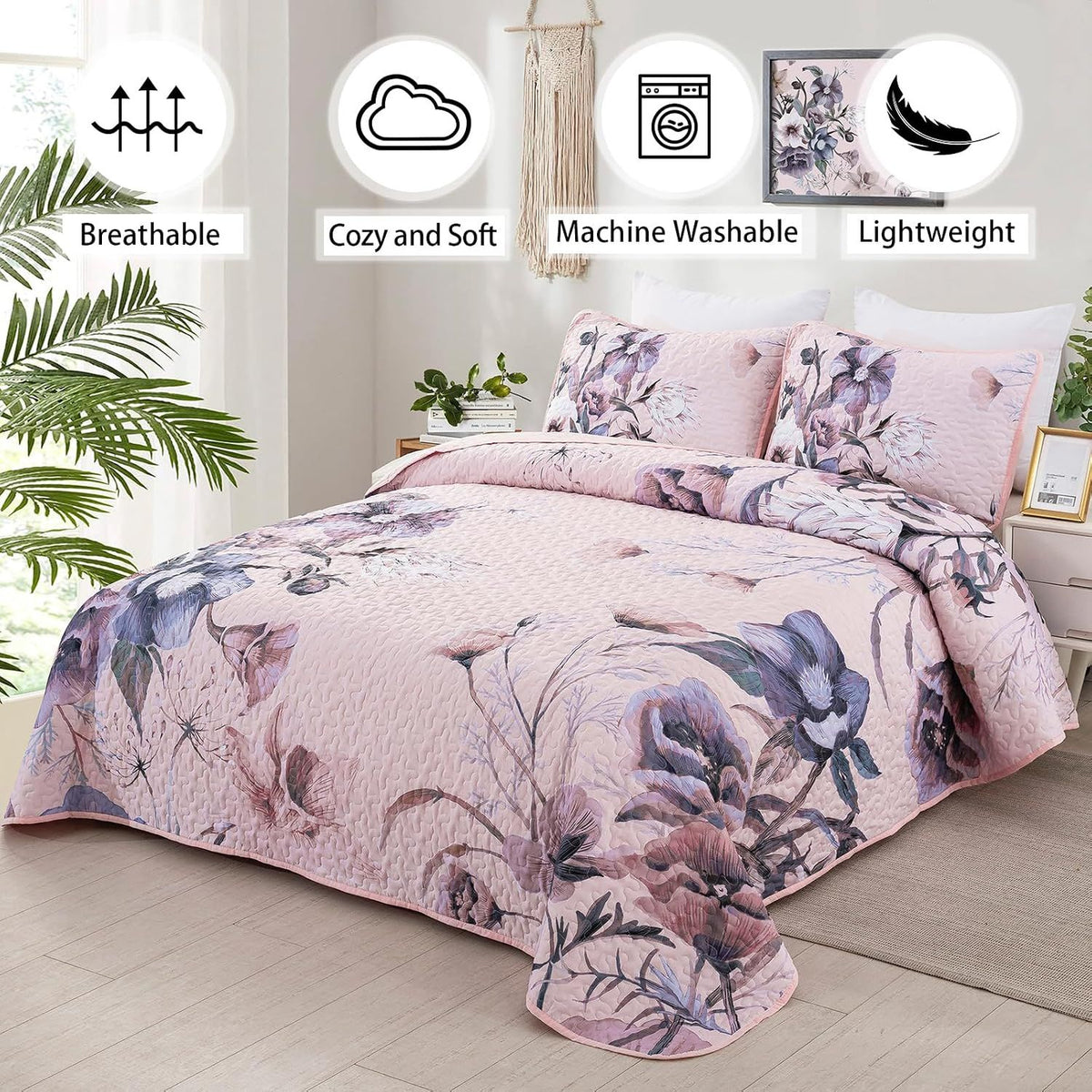Pink Floral Dream Bedspread Coverlet 3 Piece Set